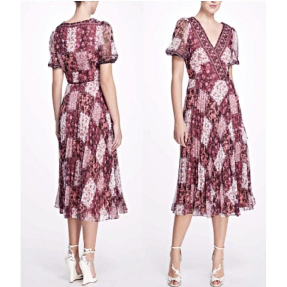 Marchesa Notte Patchwork Print Chiffon Pleated Midi Wrap Dress Floral 14 NEW